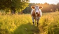 Cute cow grazing on green meadow under the summer sun generated by AI Royalty Free Stock Photo