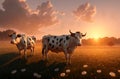 Cute cow on green lawn with daisies at sunset. Large animal on walk on green grass with wild flowers, chamomiles.