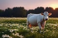 Cute cow on green lawn with daisies at sunset. Large animal on walk on green grass with wild flowers, chamomiles.