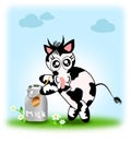 Cute cow with jug of milk