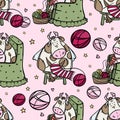 CUTE COW KNITS A NEW YEAR SCARF Hygge Seamless Pattern Vector