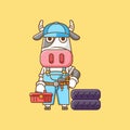Cute cow mechanic with tool at workshop cartoon animal character mascot icon flat style illustration concept Royalty Free Stock Photo