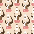 Cute cow with milk bottle hand drawn vector illustration. Funny baby character in flat style. Animal seamless pattern for kids. Royalty Free Stock Photo