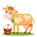 Cute Cow And Milk On A White Background.