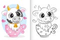 Cute cow in pink cup. coloring book for preschool children Royalty Free Stock Photo