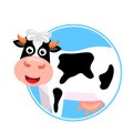 Cute cow with a pink udder in a round frame. label template for dairy products. flat vector illustration