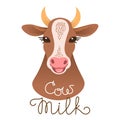 Cute cow portrait. Cow milk inscription. Calf character in cartoon style. Royalty Free Stock Photo