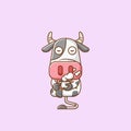 Cute cow relax with a cup of coffee cartoon animal character mascot icon flat style illustration concept Royalty Free Stock Photo