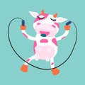 Cute cow rope jumping vector cartoon illustration.