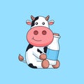 Cute cow sit and holding milk bottle animal mascot cartoon vector illustration Royalty Free Stock Photo