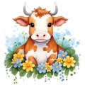 Cute Cow Sitting Flowers Watercolor Clipart Illustration AI Generative