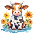 Cute Cow Sitting Flowers Watercolor Clipart Illustration AI Generative