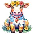 Cute Cow Sitting Flowers Watercolor Clipart Illustration AI Generative