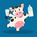 A cute cow smiles, with a bottle and a glass of milk.