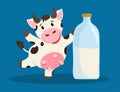 A cute cow smiles, with a bottle and a glass of milk.
