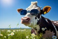 Cute cow in sunglasses on the meadow with daisies. Generative AI
