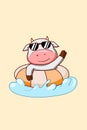 Cute cow swimming in the summer cartoon illustration Royalty Free Stock Photo