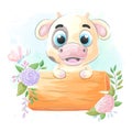 Cute Cow with Wood Sign Board , watercolor illustration Royalty Free Stock Photo