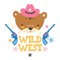 Cute cowboy baby bear. Hand drawn vector illustration. For kid`s or baby`s shirt design, fashion print design, graphic