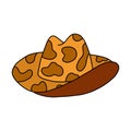 Cute cowboy hat doodle with hand drawn outline. Sheriff hat with cow print in cowboy and cowgirl western theme. Vector