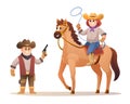 Cute cowboy holding gun and cowgirl holding lasso rope while riding horse Royalty Free Stock Photo