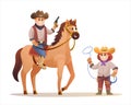 Cute cowboy holding gun while riding horse and cowgirl holding lasso rope