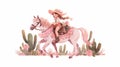 Cute cowgirl riding a beautiful adorable horse illustration. Simple, childish, adorable character. Magic Boho Wild West Royalty Free Stock Photo