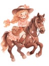 Cute cowgirl riding a beautiful adorable horse. limited color palette illustration. Simple, childish, adorable character. Isolated