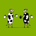 Cute cows with buckets of milk, sketch