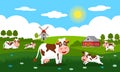 Cute cows and funny calves graze on green grass against a background of rural summer landscape, farm and mill. Flat vector Royalty Free Stock Photo