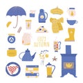 Cute cozy autumn vector illustrations set. Fall bundle with pumpkin, fireplace, umbrella, scarf, pie, teapot, cup.