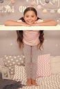 Cute cozy bedroom for small girl. Girlish leisure. Sleepover time for fun gossip story. Girl having fun bedroom interior