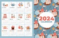 Cute and cozy 2024 calendar template with hand drawn four seasons elements. Week starting on Sunday. Ready to print Royalty Free Stock Photo