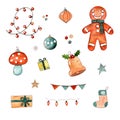 Cute cozy christmas gingerbread manr cookie, bell, gifts, stars, ornaments hand drawn watercolor sticker set.