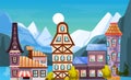 Cute cozy colored houses in snowy mountain landscape