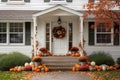 Cute and cozy cottage with fall decorations, pumpkins on the porch and a wreath, generative AI Royalty Free Stock Photo