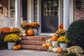 Cute and cozy cottage with fall decorations, pumpkins on the front porch and a wreath, generative AI Royalty Free Stock Photo