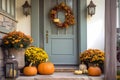 Cute and cozy cottage with fall decorations, pumpkins on the front porch and a wreath, generative AI Royalty Free Stock Photo