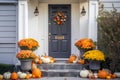 Cute and cozy cottage with fall decorations, pumpkins on the front porch and a wreath, generative AI Royalty Free Stock Photo