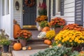 Cute and cozy cottage with fall decorations, pumpkins on the front porch and a wreath, generative AI Royalty Free Stock Photo