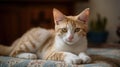 A ginger and white kitten lounging on a cushion created with Generative AI