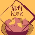 Cute and cozy illustration with drawn couch, cat and notebook, text `stay home` Royalty Free Stock Photo