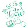 Cute and cozy illustration with text `stay home`