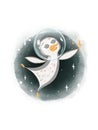 Cute cozy little penguin astronaut flies in space with stars. Textural digital art. Print for cards, invitations, stationery, wrap