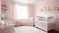 A cute and cozy nursery with light pink walls and white wainscoting, generative ai Royalty Free Stock Photo