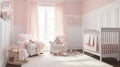 A cute and cozy nursery with light pink walls and white wainscoting, generative ai Royalty Free Stock Photo