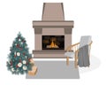 Cute and cozy Scandinavian interior, winter hygge vector illustration. Fireplace, decorated Christmas tree, chair, and