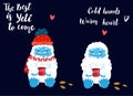 Cute and cozy snow yeti drinking coffee or tea vector set. The Best is Yeti to come. Happy cartoon yeti with red winter hat and