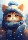 Cute and Cozy: A Snowy Day with a Trendy Kitten in a Hat and Sca