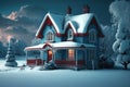 Cute cozy snowy winter house Holiday Christmas Cottage Generative AI Royalty Free Stock Photo